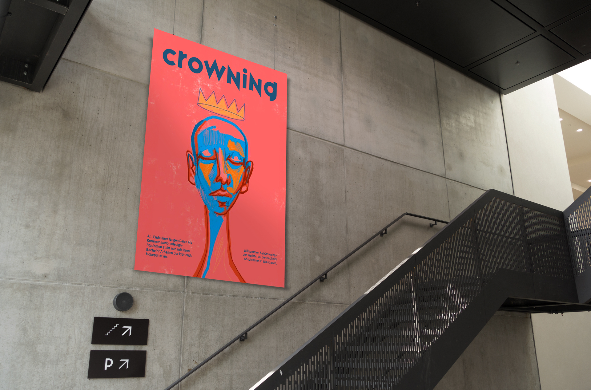 A poster for a fictional exhibition hangs on a wall
