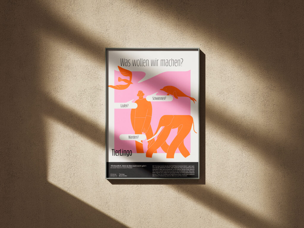 On a wall hangs a poster of Tierlingo, a device that allows you to communicate with animals